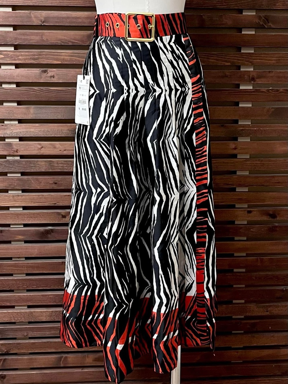 NWT ZARA Red Black Zebra Print Pleated Midi Skirt w/ Belt - Medium / $89.90